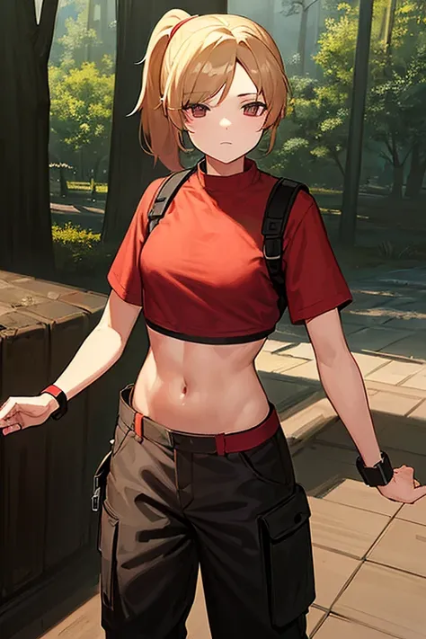 Girl wears a red cropped shirt and shows her midriff and belly button, ((shot cargo pants)), backpack , blonde hair, ponytail hair , in forest, Crescent Moon Navel,