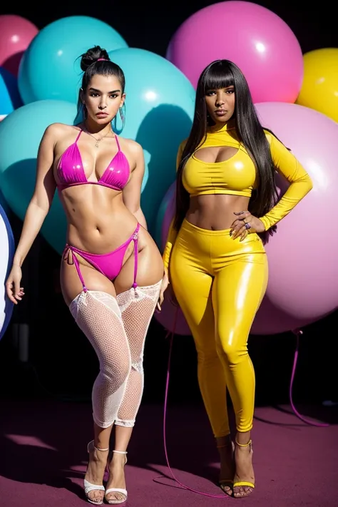 Objetivo: Para capturar um retrato hipnotizante de uma dupla deslumbrante, embodying the epitome of Womancore, in a vibrant balloon carnival.

Traje laranja neon: The duo will be wearing futuristic outfits, roupas ultramodernas, marcante em seu tom laranja...