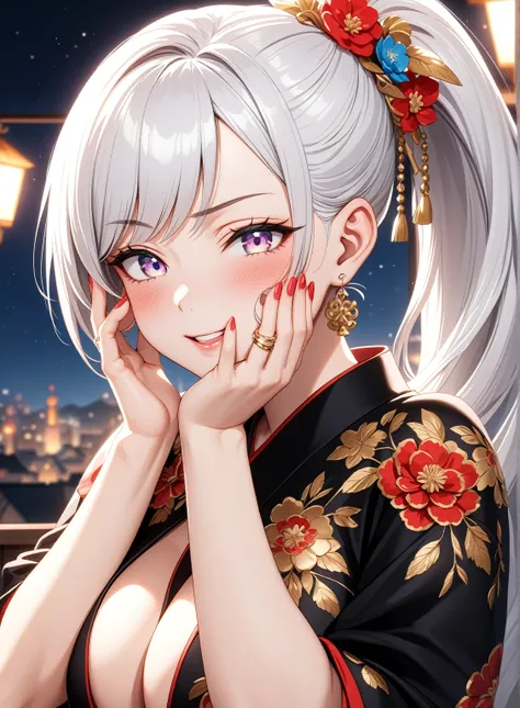 ((one personの女性)), Beautiful Face,Laughing embarrassedly,((Wink:2.0)),Laughing with your mouth open,((Bright red cheeks:1.3)),Glossy pink lips,night,rooftop,firework,((Anime style background)),masterpiece, highest quality, so beautiful, Latest, Complex det...