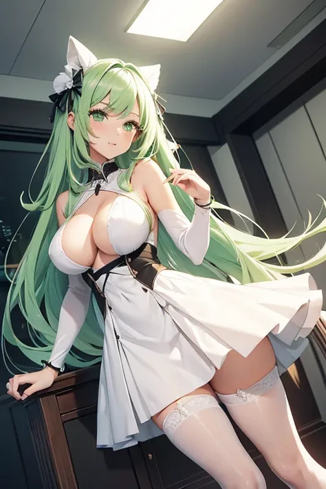 (girl1), (anime), white, with long green hair, green eyes, (pretty), (hot), an 18 year old woman, looking in front of the viewers camera, wearing a white dress showing her shoulders, with a thin straight skirt, like a dress cloth in the lower straight part...