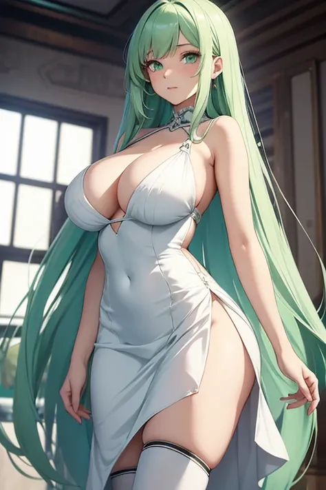 (girl1), (anime), white, with long green hair, green eyes, (pretty), (hot), an 18 year old woman, looking in front of the viewers camera, wearing a white dress showing her shoulders, with a thin straight skirt, like a dress cloth in the lower straight part...