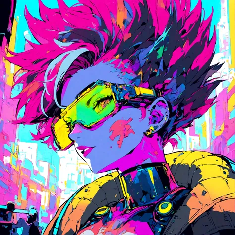 a portrait of a sexy female with cyberpunk features, has spiked multi colored hair, glowing neon lights, wearing glowing cybperpunk clothing, spiked hair, wearing cyber sunglasses