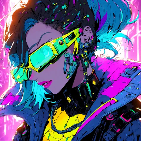 a portrait of a sexy female with cyberpunk features, has spiked multi colored hair, glowing neon lights, wearing glowing cybperpunk clothing, spiked hair, wearing cyber sunglasses