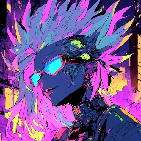 a portrait of a sexy female with cyberpunk features, has spiked multi colored hair, glowing neon lights, wearing glowing cybperpunk clothing, spiked hair, wearing cyber sunglasses