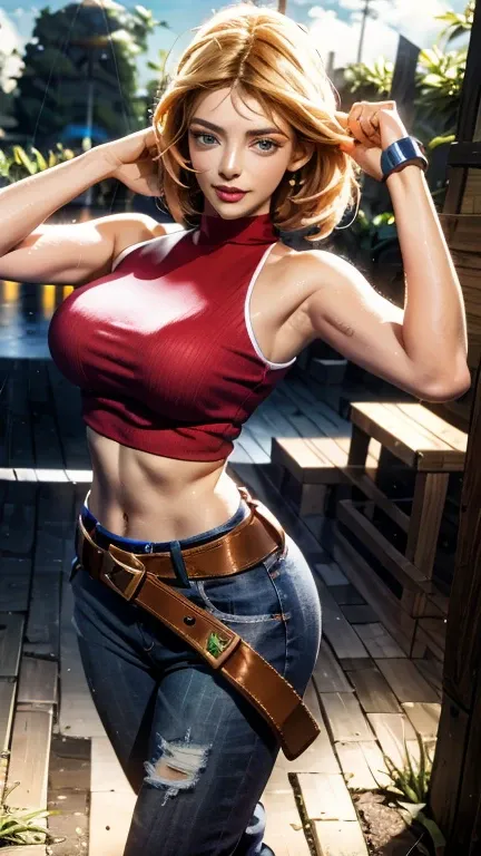 Cosplay de Maria Azul, Melhor qualidade, (beleza), Rosto de  de 20 anos, cara bonita, Obra de arte, colheita vermelha, Camiseta vermelha, Jeans with brown belt,  physically based rendering, ultra high definition, Salgueiro Yao, afinar, olhos grandes, perna...