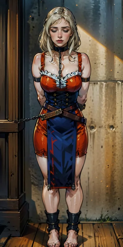 (masterpiece, best quality), intricate details, 1girl, Mercedes von Martritz from Fire Emblem (standing full body toe to head by wooden pole:1.2) iron collar, arms behind back, iron cuffs, shackles, bound, bondage outfit, harness, o-ring, bondage outfit bl...