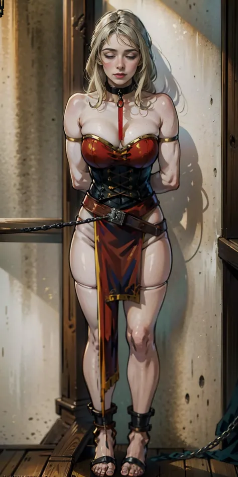 (masterpiece, best quality), intricate details, 1girl, Mercedes von Martritz from Fire Emblem (standing full body toe to head by wooden pole:1.2) iron collar, arms behind back, iron cuffs, shackles, bound, bondage outfit, harness, o-ring, bondage outfit bl...