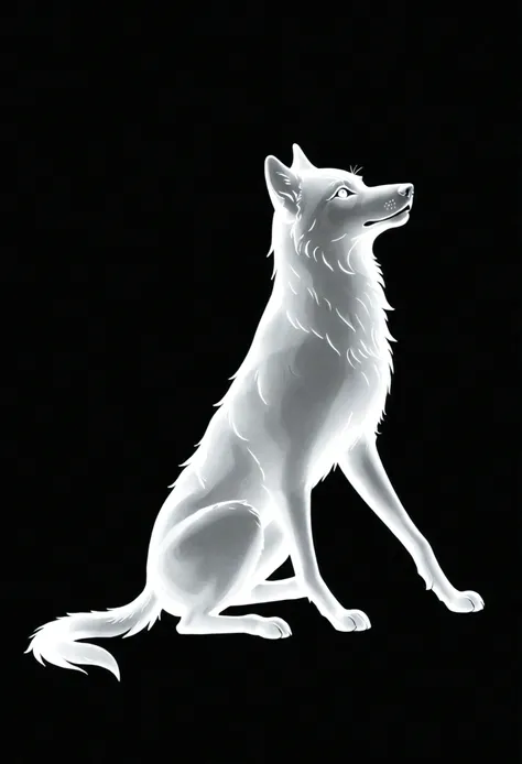 White silhouette design of a single wolf，Black Background，Beautiful silhouette，looking at the camera，Biologically correct