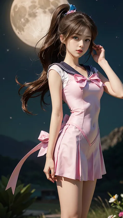 a beautiful young woman，has long brown hair，wearing a ponytail, green eyes, height 170cm, sailor moon under the moon, sailor jup...