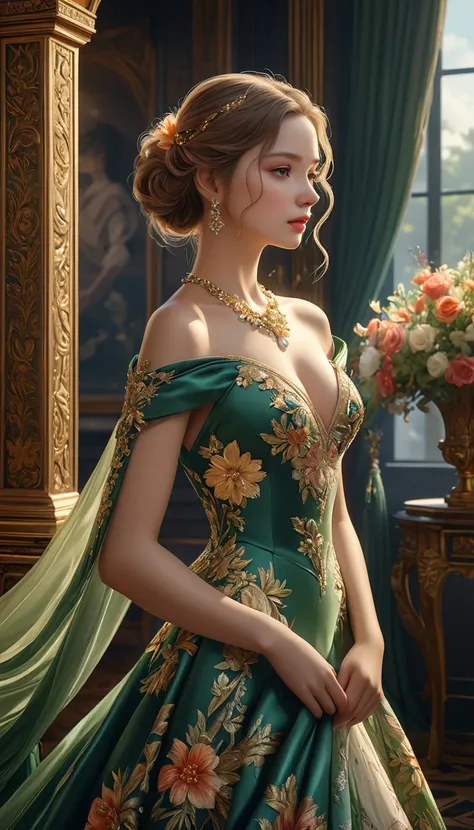 (highest quality, High resolution, masterpiece:1.2), Super detailed, (Realistic, Realistic, Photorealistic:1.37), Portraiture, Creative style artwork, historic, Classic, Sophisticated, Variety of colors, Very detailed, Luxurious surroundings, Detailed gown...