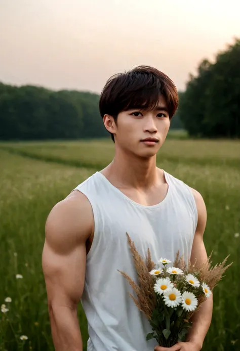 A handsome korean boy hold flowers, 25 years old, brown hair, light hazel brown eyes, masculine pose standing in a meadow, mysterious lighting, muscular physique, looking into the camera, upper body, polish,bokeh,50mm,f1.4 ,canon, DSLR camera, soft lightin...