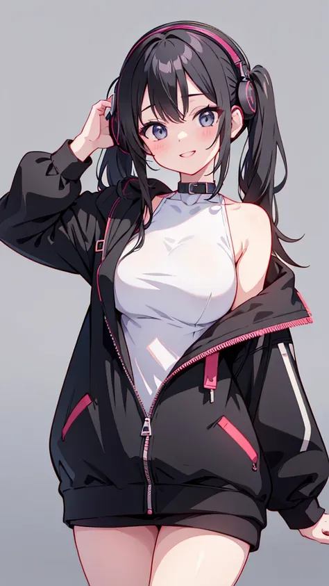 masterpiece,anime style,chibi,sexy girl,black hair,shoulder length hair with two pigtails,black jacket,with headphones,lo fi background,smiling,big breasts,listening to music,waiting on the right side of the image,
