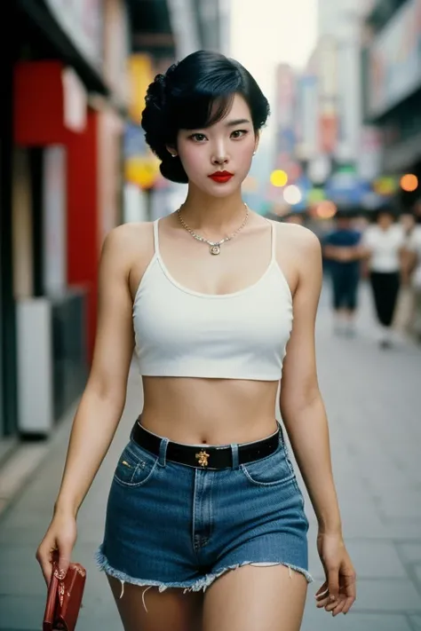 Seoul, 1982, A young korean beautiful girl, 22-year-old, sexy girl, strikingly beautiful, black hair, big breasts, delicate facial features, porcelain skin, red lips, expressive eyes,In the 1980s In Korea a woman walking down a street with a bag,short hair...