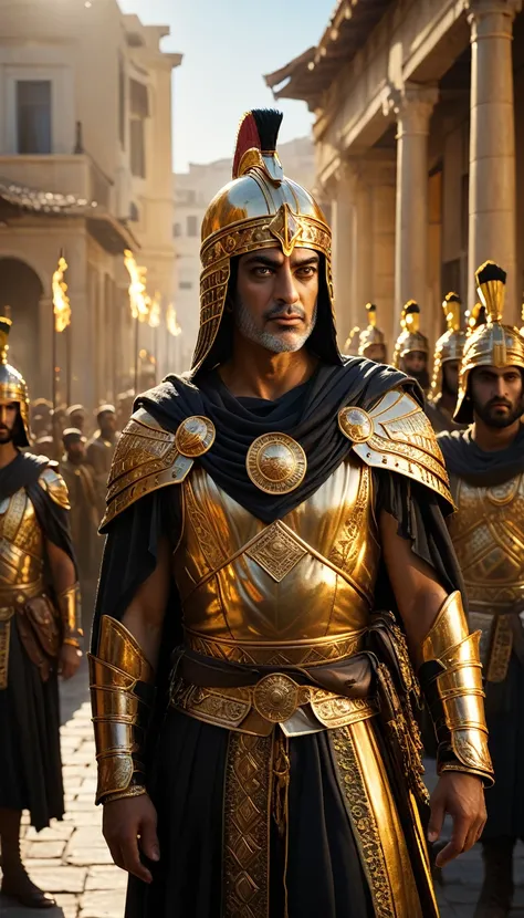 The warm golden hues of the sun illuminated his ornate attire, casting a warm glow across the area, Ground-level shot, Selfie of king Xerxes with his army after the defeat of Greece, background dark, hyper realistic, ultra detailed hyper realistic, photore...