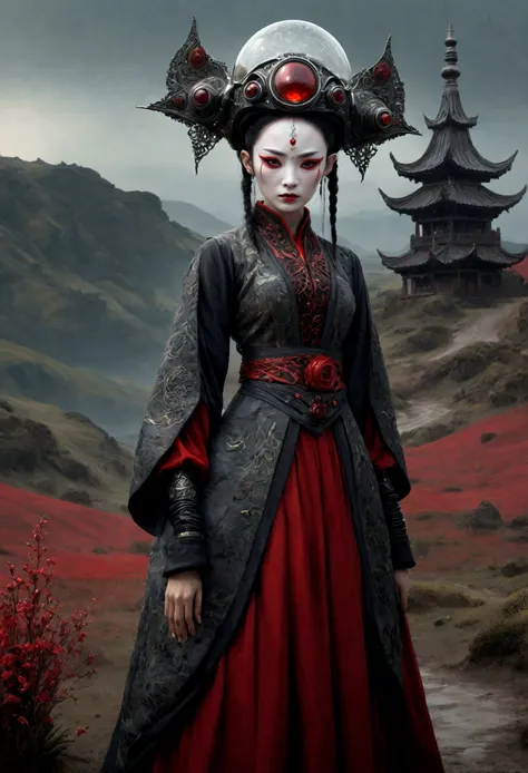 heght view on himera babygirl elf,hanfu,once pretty face,eyebrow up,full body shot,ominous landscape,glate gray atmosphere,wariza,Bun Hair,(Folk clothes:1.5), long dress, pronounced feminine feature, Complex background,  [night landscape],junkie, red and b...