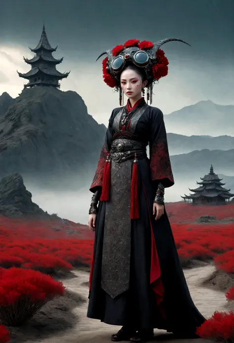 heght view on himera babygirl elf,hanfu,once pretty face,eyebrow up,full body shot,ominous landscape,glate gray atmosphere,wariza,Bun Hair,(Folk clothes:1.5), long dress, pronounced feminine feature, Complex background,  [night landscape],junkie, red and b...