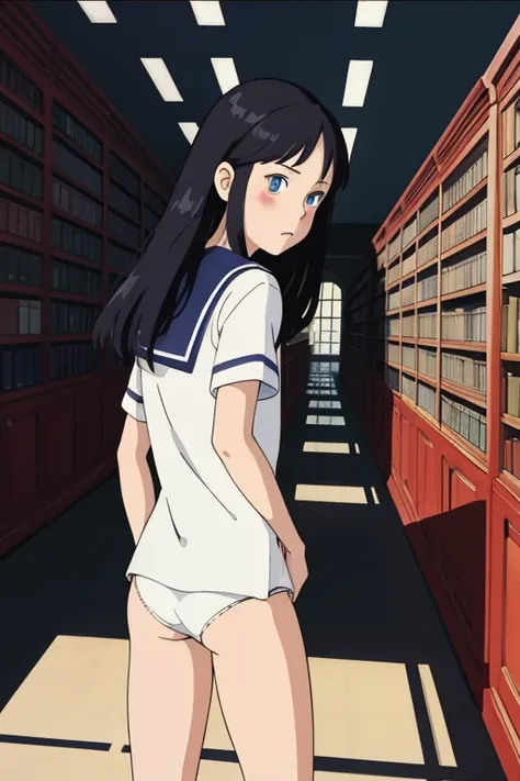 superflat, flat shading, flat colors, (school library), vibrant colors, (closeup), 1girl, little, lolis, 8yo, flat chest, long black hair, blue eyes, bottomless, (white panties:1.2), (white school shirt), sailor collar, from behind, look back, shy, embaras...