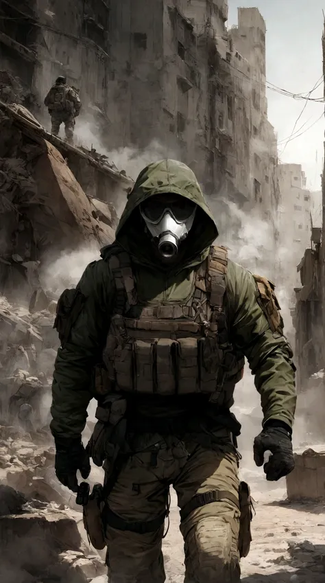 Male soldier, S.T.A.L.K.E.R style, Male, post apocalyptic. Green camo hooded parka, hood on, white gas-mask with cheek filter, tactical vest, Rugged jeans, tactical soldier, Mercenary, post apocalyptic, hidden face, soldier, Gorka 3 parka