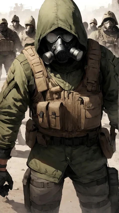 Male soldier, S.T.A.L.K.E.R style, Male, post apocalyptic. Green camo hooded parka, hood on, white gas-mask with cheek filter, tactical vest, Rugged jeans, tactical soldier, Mercenary, post apocalyptic, hidden face, soldier, Gorka 3 parka