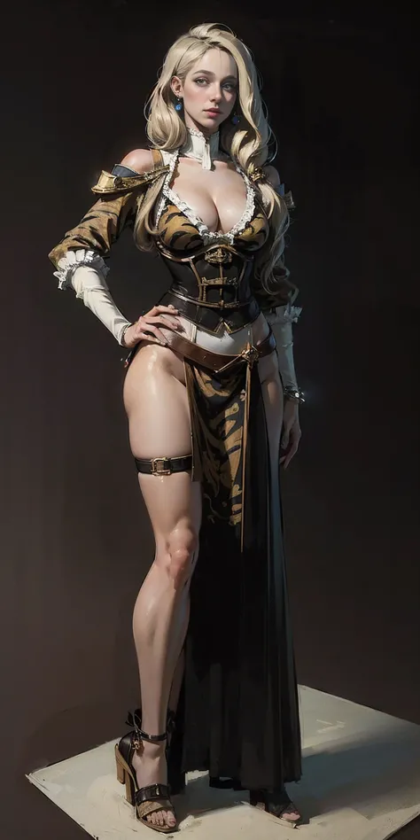 ((Masterpiece, plain background,1:2)) full body standing with separate yellow tiger print stockings thighs and sleeves, yellow tiger bikini print,, choker slave collar, metal sandals, big knockers, cleavage, separate sleeves, leather corset, hands on hips,...