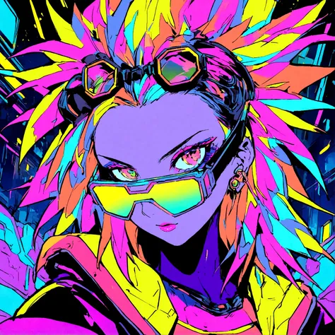 a portrait of a sexy female with cyberpunk features, has spiked multi colored hair, glowing neon lights, wearing glowing cybperpunk clothing, spiked hair, wearing cyber sunglasses