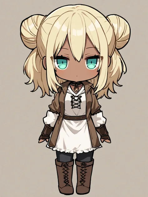 {{{kame (kamepan44231), full body, no humans, chibi, jitome, fumo (doll)}}}, straight-on, looking at viewer, medieval fantasy, solo, 1girl, medium hair, blond hair, dark skin, hair between eyes, two hair buns, sidelocks, aqua eyes, seductive smile, white t...