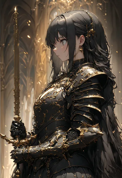 ８k、Masterpiece、Royal Knights，The entire body is covered in luxurious heavy armor with gold engravings on a black enamel base.，Point the knights sword at the sky，Sports Late，Cleavage close-up，Solemn，Flat Chest，moderate，Humble，Cinematic, High resolution, ori...