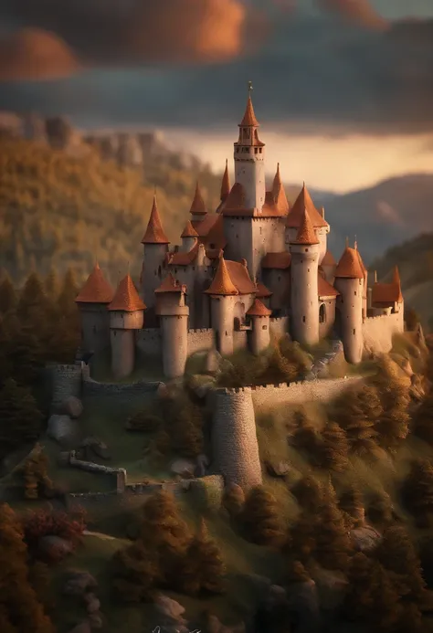 Miniature，Super Cute Clay World, Cute clay freeze frame animation, Tilt-Shift，excellent lighting，Volume Larscape，brush rendering，3D，super detailed, ((Ancient castle)), dark tones, Sunset illumination