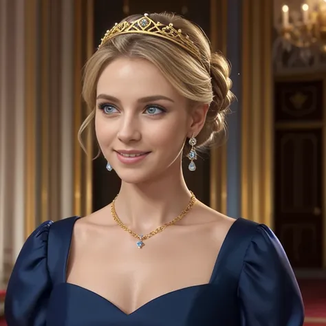 looking at viewer, English female, Age: 20 age-old,  blond hair , chignon , fringe,  beautiful blue eye, little smile, (middle cup breasts, slender whist, middle hip ,beautiful pussy, beautiful anal, public hair),(Royal Navy color Princess dress, evening  ...