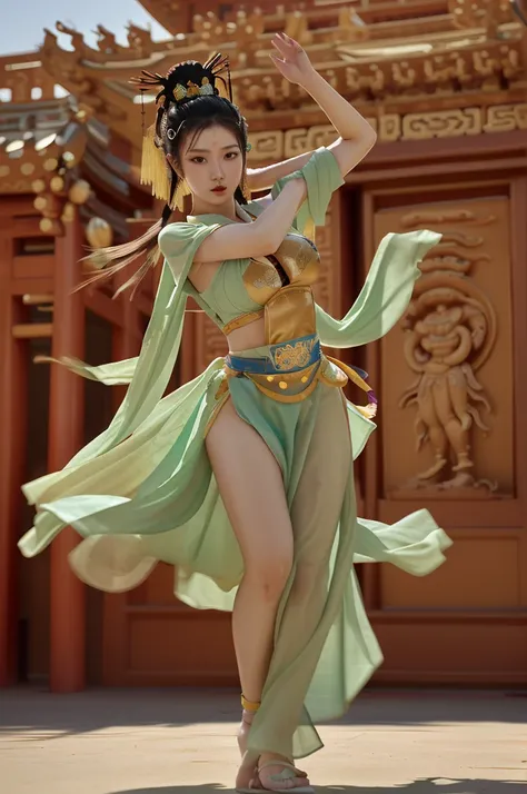 best quality, 8k, highly detailed face and skin texture, high resolution, big tits chinese girl in dunhuang costume dancing in dunhuang temple, full body, sharp focus