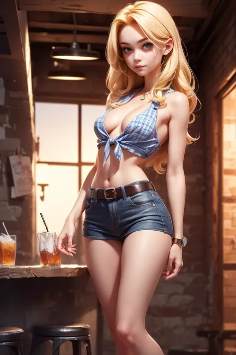 (((1 person:2.0))),(((Cowgirl Costume))),(((Slender body:1.2))),(((Small Ass:1.2))),(((high waist,Denim mini skirt))),(((Wear one leather belt))),(((He is wearing a sleeveless shirt, Plaid, Front tie shirt.))),(((wear the watch))),(((Sandals:1.2))),(((Show...