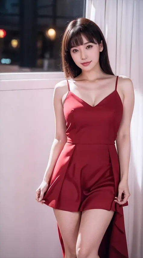 become close,Sharp lines,highest quality, masterpiece、Night Parking、Dark Light、Canon Photo Crystal Clear ,（Realistically:1.2）, (Crimson and gold striped mini skirt dress)、Action pose、Take a full body photo、Lazy smile、Gorgeous appearance、Bobcut