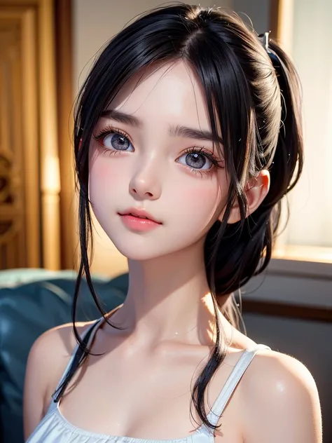 One Girl，Very cute girl at 15 years old，Big eyes，The face is facing straight ahead，Body facing forward，Beautiful nose，Fuller lips，Short black hair，ponytail，Detailed eyelashes，Thin eyebrows，Symmetrical eyes，Face close-up，White swimsuit，Portrait，View Viewer