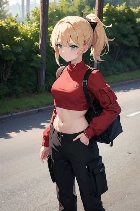 Girl wears a red cropped shirt and shows her midriff and belly button, ((shot cargo pants)), backpack , blonde hair, ponytail hair , in forest 