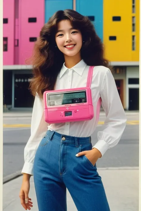 (1 korean young girl), Visualize a nostalgic advertisement hailing from the 1980s in Korea. Dominating the scene is a radiant young woman with a vibrant smile, sporting trendy 80s attire complete with big hair, vibrant makeup, and chunky accessories. Clutc...