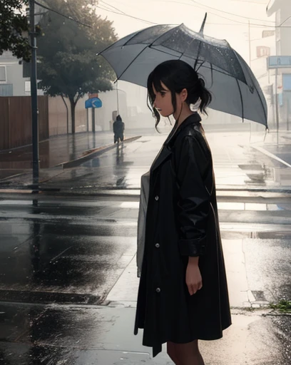 spectacular and realistic, girl standing in the rain, on the road, rutkowski, rim light, maximum details, (natural skin texture,...