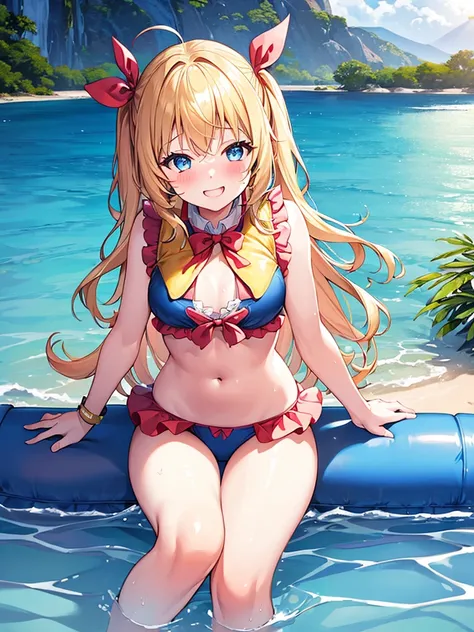 1girl, , happily playing on a water-slide, sitting on the slide, wearing life vest,　inflatable vest, frilled bikini, blond-yellow hair, long hair, wind, Blue eyes, not safe for work, big laughing smile, red blush, big hair ribbon, twinkle in the eye, small...