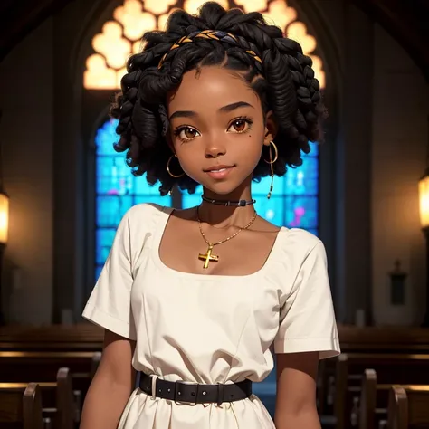 masterpiece, best quality), deep ebony 1girl, beautiful face, short Afro braids , cute, , beautify, Lofi vibe,, cute night vibe, concentrated, hands outside of the picture, Christian ,church vibe , smart clothing, cute look, clothing is dry and baggy, smal...