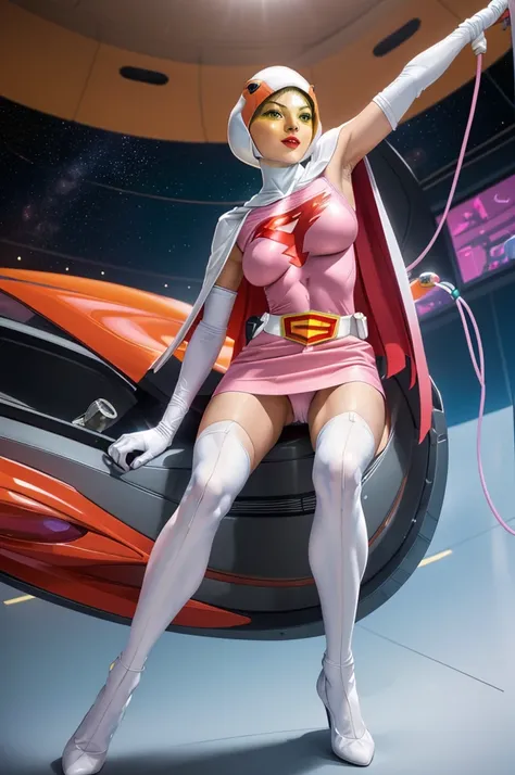 ANI_CLASSIC_jun_gatchaman_ownwaifu,1girl, 18yo,good anatomy, masterpiece, best quality,realistic, hyperrealistic, 16k hdr,
long hair,breasts,green eyes,lips,large breasts,lipstick,makeup,gloves,cape,helmet,belt,elbow gloves,white gloves,mask,ultra miniskir...