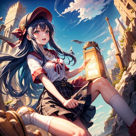 Red Blue Hair、Golden Eyes、Braid、One good looking girl、solo、anime、Checkered mini skirt、Ruffles on the skirt、Red T-shirt、Cape、Gothic、Black knee-high socks、Wearing a baseball cap、Wearing a ribbon、Ribbon on waist、Tilting face、Teeth are visible、Sunset sky、Pierc...