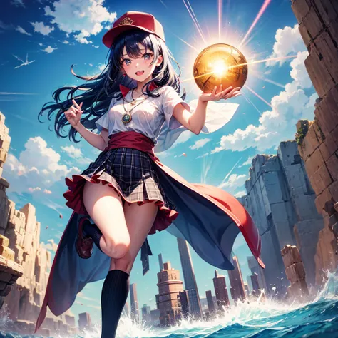 Red Blue Hair、Golden Eyes、Braid、One good looking girl、solo、anime、Checkered mini skirt、Ruffles on the skirt、Red T-shirt、Cape、Gothic、Black knee-high socks、Wearing a baseball cap、Wearing a ribbon、Ribbon on waist、Tilting face、Teeth are visible、Sunset sky、Pierc...