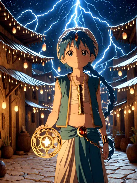 1boy，magi_aladdin，standing alone in a desert town, he has short blue hair，with a braid，wear a headscarf，smiling，a flute pendant ...