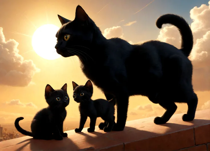 Black cat parents and their baby kittens, Picture-book clouds and sun, wind effects, edgy touches and shiny details, desenho em pormenor, high detail,Digital Art, Octane Render, 3D Rendering