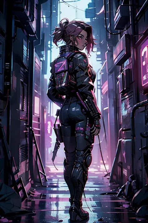 (back view),(full body:1.4),((ultra realistic illustration:1.2)),(cyberpunk:1.4),(dark sci-fi:1.3). ((Sexy)) mech pilot, with short pink hair, wearing leather lingersuit, jacket, thigh high boots. Rebellious. Dystopic megacity, gritty, neon, hell, Armored ...