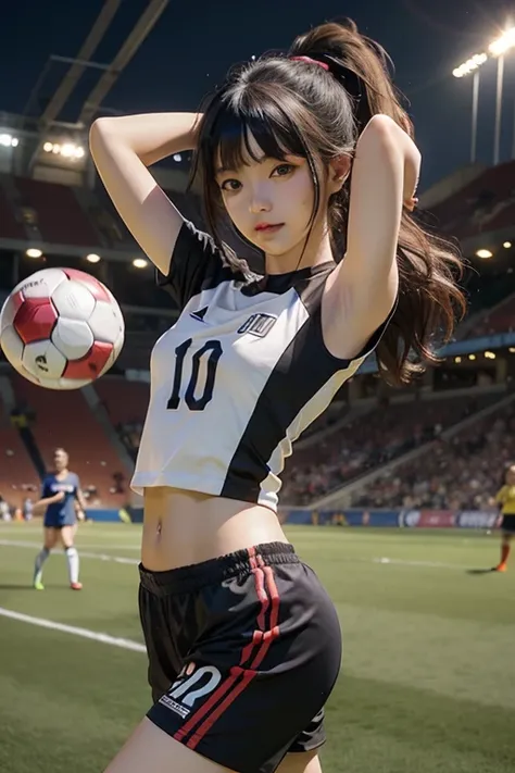 hinata(boruto), hinata from the anime naruto, light purple eyes, shoulder length hair, black hair, bangs, ponytail, beautiful woman, beautiful, perfect body, perfect breasts, wearing a soccer jersey, soccer pants, soccer shoes, in the middle of a football ...