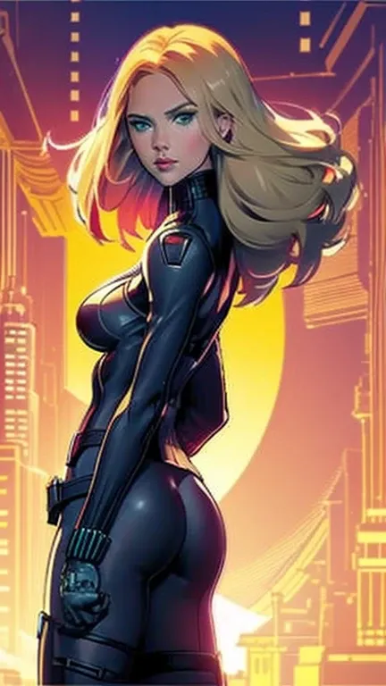 (masterpiece),(Full Body View),(Scarlett Johansson),(Platinum Blonde Hair),(Detailed Ass),(Detailed Green Eyes),(Detailed Nose),(Detailed Lips), slim waist, wide hips,(Detailed Thighs), Scarlett Johansson as Black Widow stands poised on a rooftop, overlook...