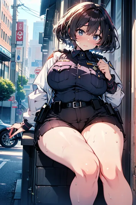 Anime illustration、highest quality、A  policewoman cracks down on parking violations downtown、High alert、Perfect proportions、Extra large breasts、Fatty legs、Clear eyes、Sweaty、Cowboy Shot