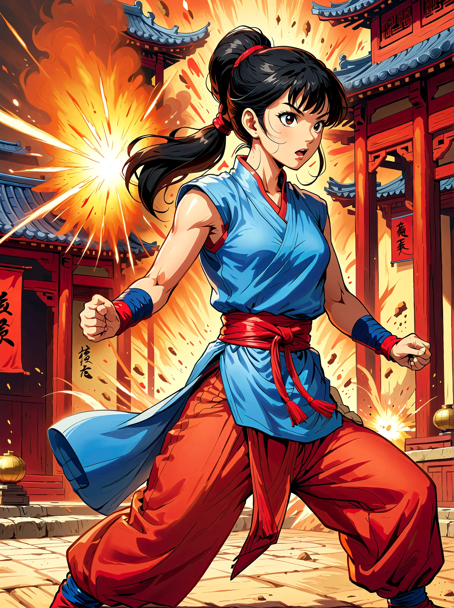 dragonballchichi, chi chi, black eyes, black hair, long hair, hime cut, blunt bangs, sidelocks,bare arms, blue dress, china dres...