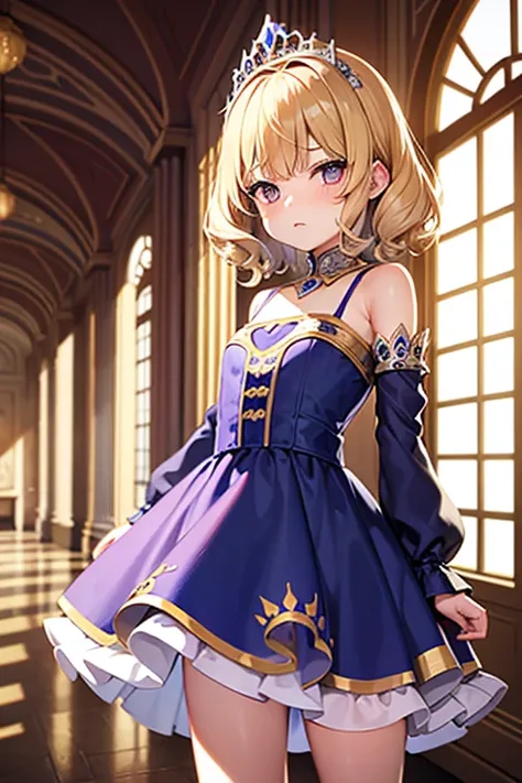 {loli}, regal, palace hallway, window, girl, small, short curly hair, fair skin, cute, fancy cute dress, royal.