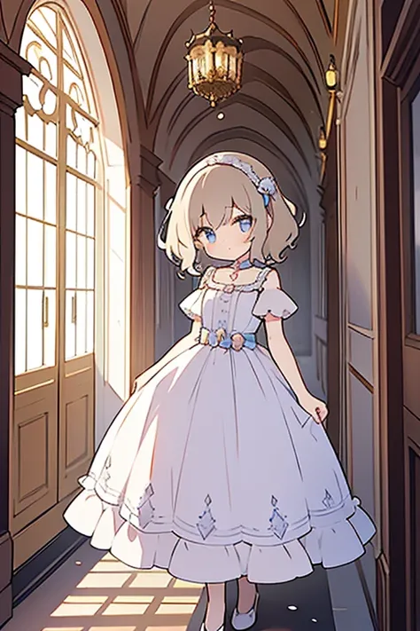 {loli}, regal, palace hallway, window, girl, small, short curly hair, fair skin, cute, fancy cute dress, royal.